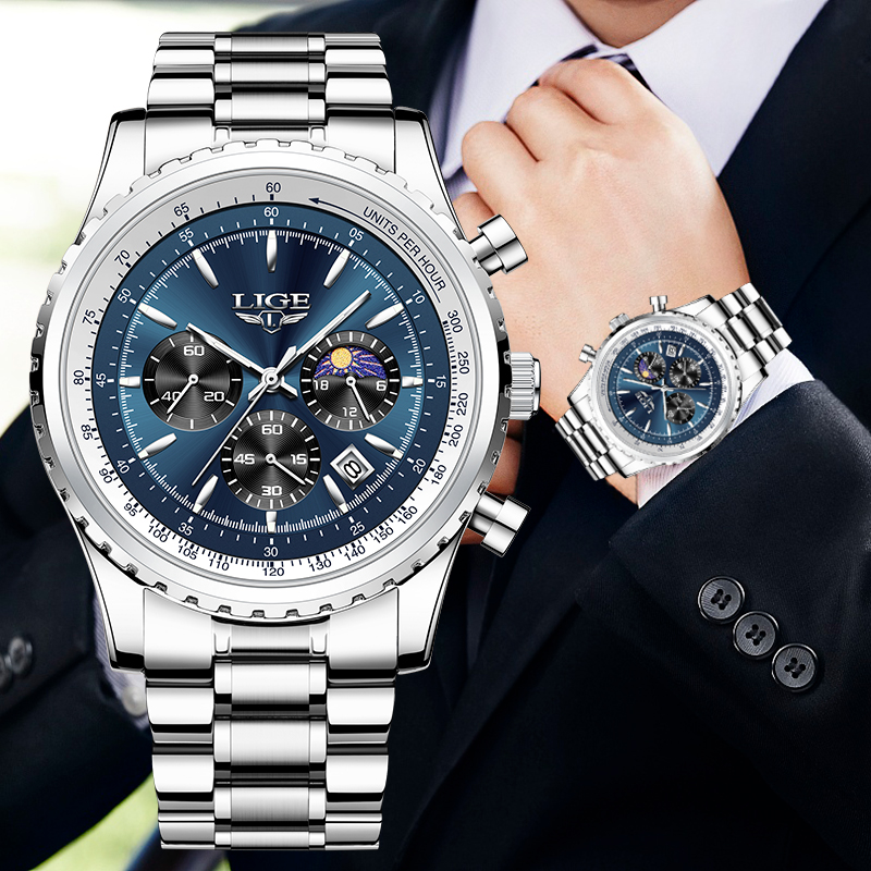 Luxury Watch Magazine - LIGE-Relógio Quartzo de Luxo Masculino, Fase